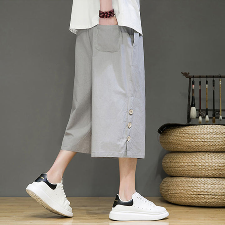 Buddha Stones Casual Plain Side Button Design Drawstring Men's Cotton Cropped Pants With Pockets - image 31