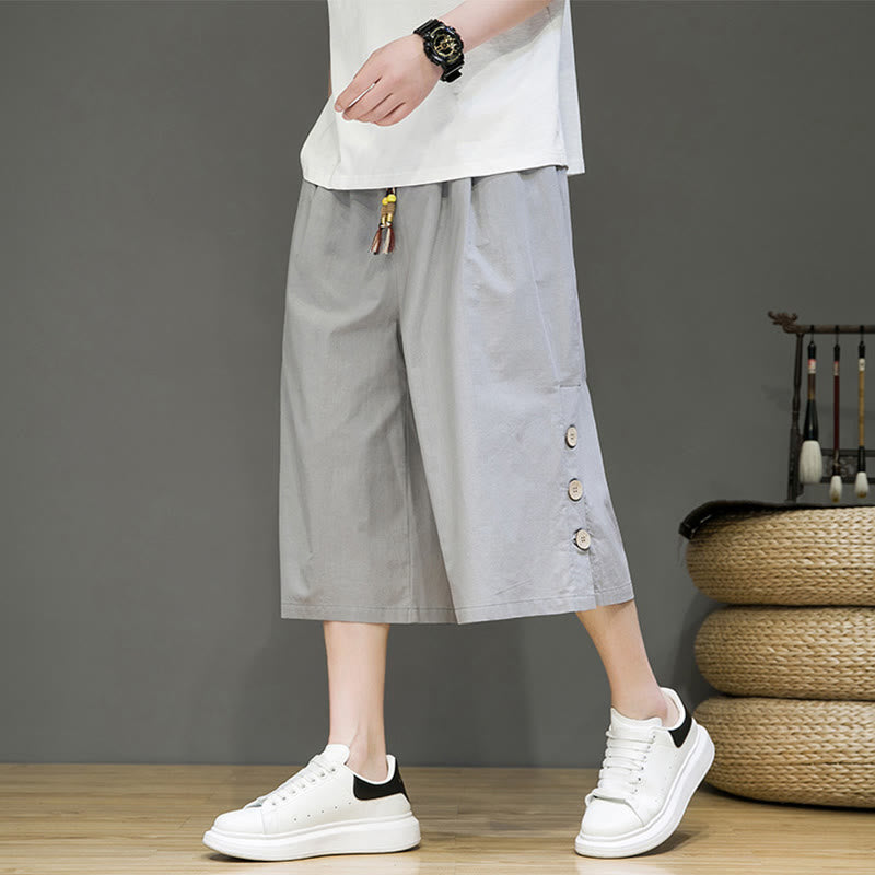 Buddha Stones Casual Plain Side Button Design Drawstring Men's Cotton Cropped Pants With Pockets - image 32