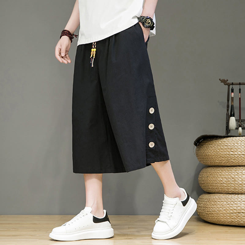 Buddha Stones Casual Plain Side Button Design Drawstring Men's Cotton Cropped Pants With Pockets - image 13