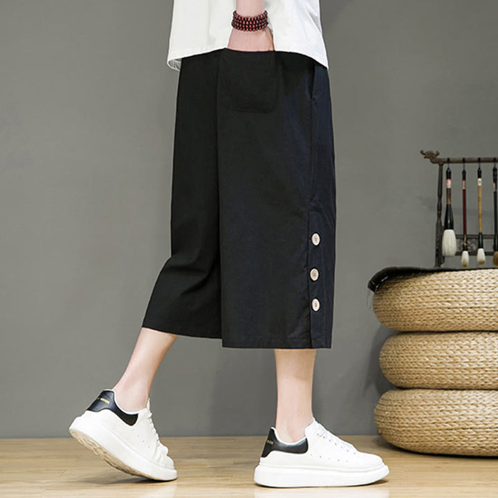 Buddha Stones Casual Plain Side Button Design Drawstring Men's Cotton Cropped Pants With Pockets - image 14