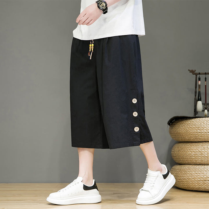 Buddha Stones Casual Plain Side Button Design Drawstring Men's Cotton Cropped Pants With Pockets - image 9
