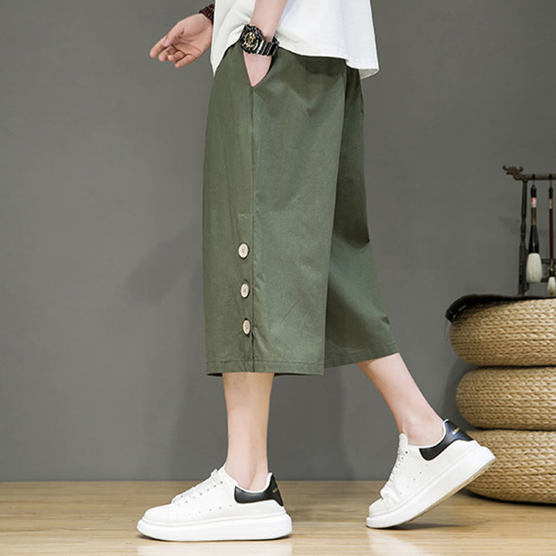 Buddha Stones Casual Plain Side Button Design Drawstring Men's Cotton Cropped Pants With Pockets - image 21