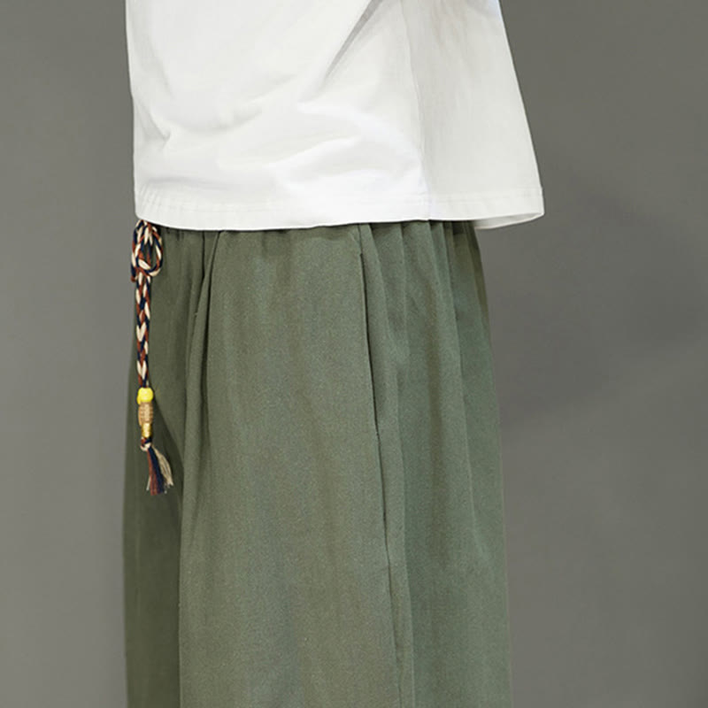 Buddha Stones Casual Plain Side Button Design Drawstring Men's Cotton Cropped Pants With Pockets - image 26