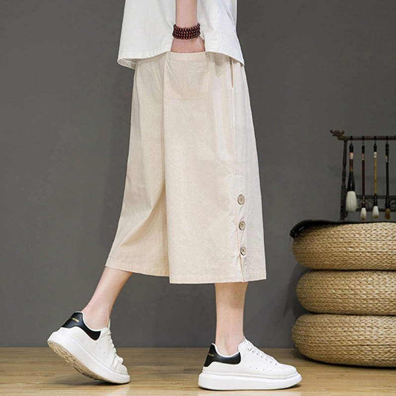 Buddha Stones Casual Plain Side Button Design Drawstring Men's Cotton Cropped Pants With Pockets - image 2