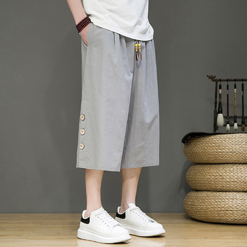 Buddha Stones Casual Plain Side Button Design Drawstring Men's Cotton Cropped Pants With Pockets - image 35