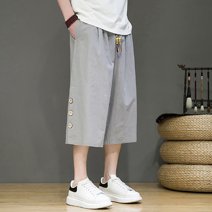 Buddha Stones Casual Plain Side Button Design Drawstring Men's Cotton Cropped Pants With Pockets - image 35