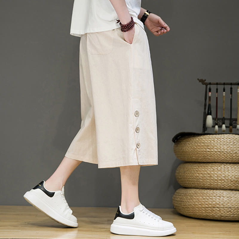 Buddha Stones Casual Plain Side Button Design Drawstring Men's Cotton Cropped Pants With Pockets - image 6