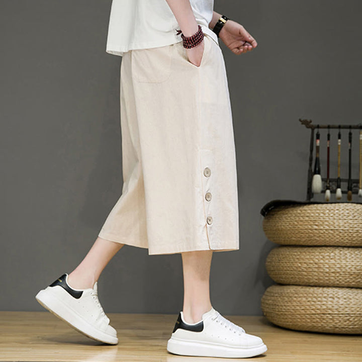 Buddha Stones Casual Plain Side Button Design Drawstring Men's Cotton Cropped Pants With Pockets - image 6