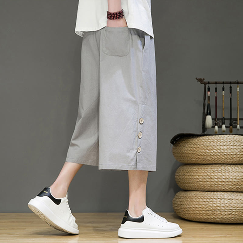 Buddha Stones Casual Plain Side Button Design Drawstring Men's Cotton Cropped Pants With Pockets - image 31