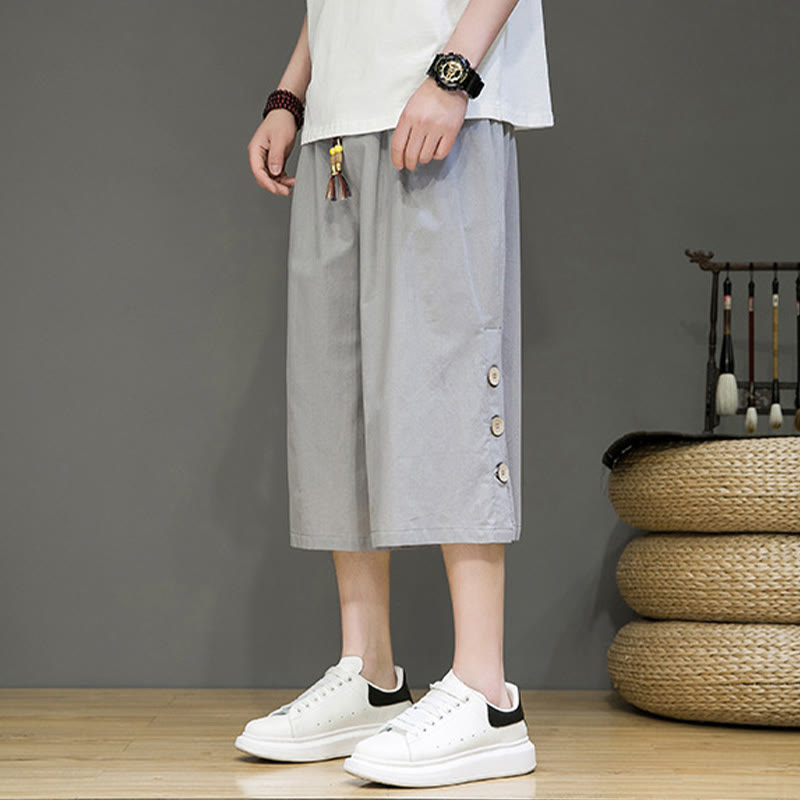 Buddha Stones Casual Plain Side Button Design Drawstring Men's Cotton Cropped Pants With Pockets - image 34