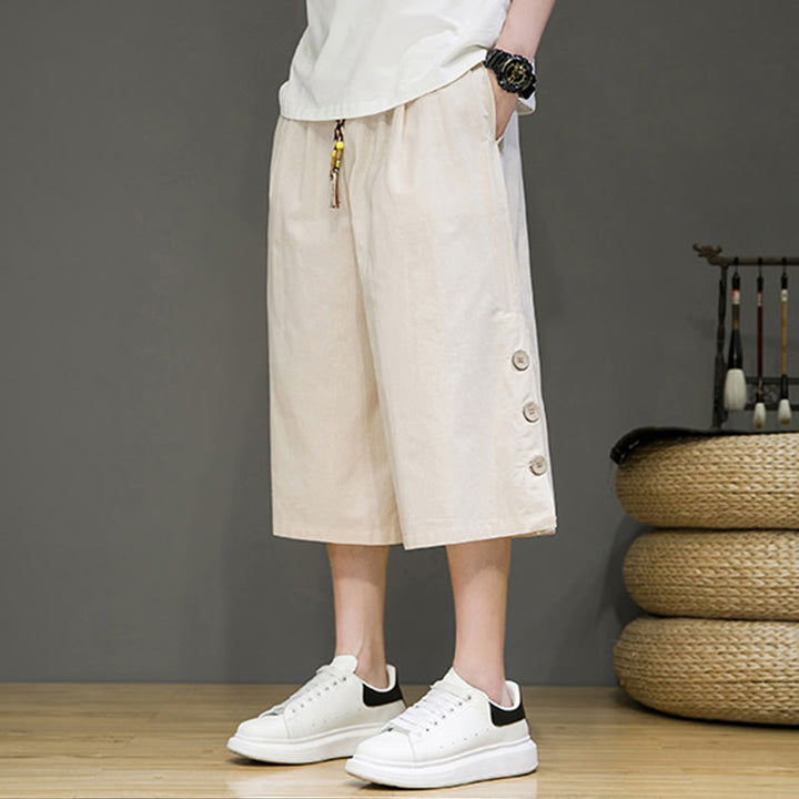 Buddha Stones Casual Plain Side Button Design Drawstring Men's Cotton Cropped Pants With Pockets - image 3