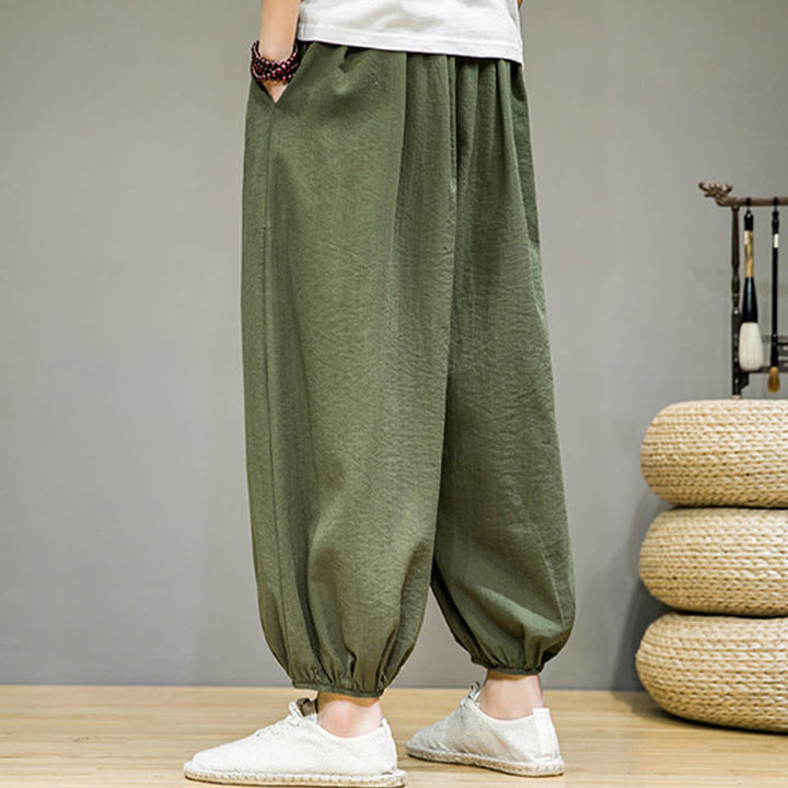 Buddha Stones Summer Plain Drawstring Men's Ankle-Length Cotton Harem Pants With Pockets - image 33
