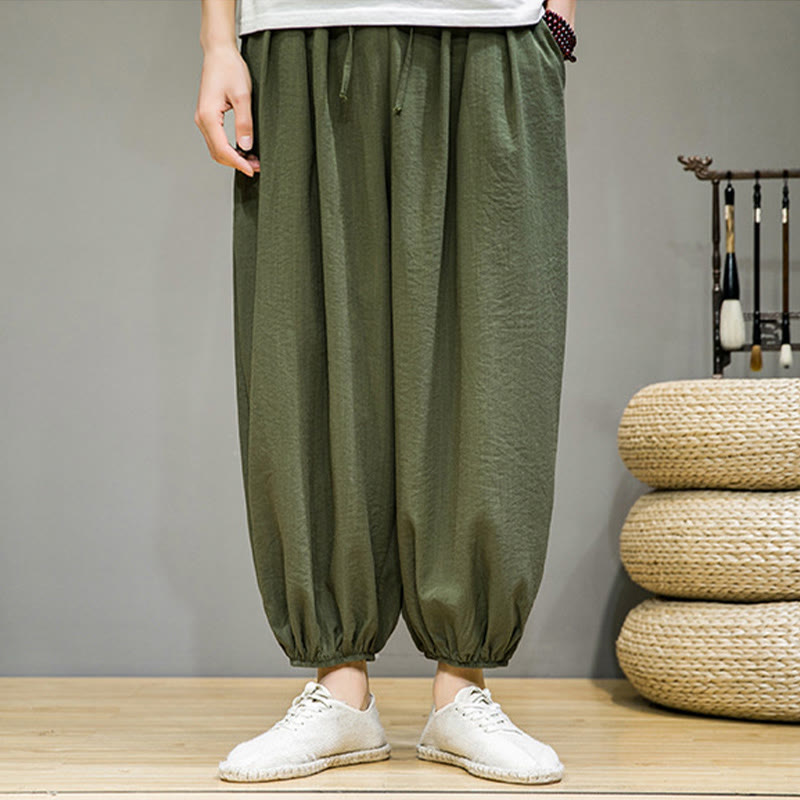 Buddha Stones Summer Plain Drawstring Men's Ankle-Length Cotton Harem Pants With Pockets