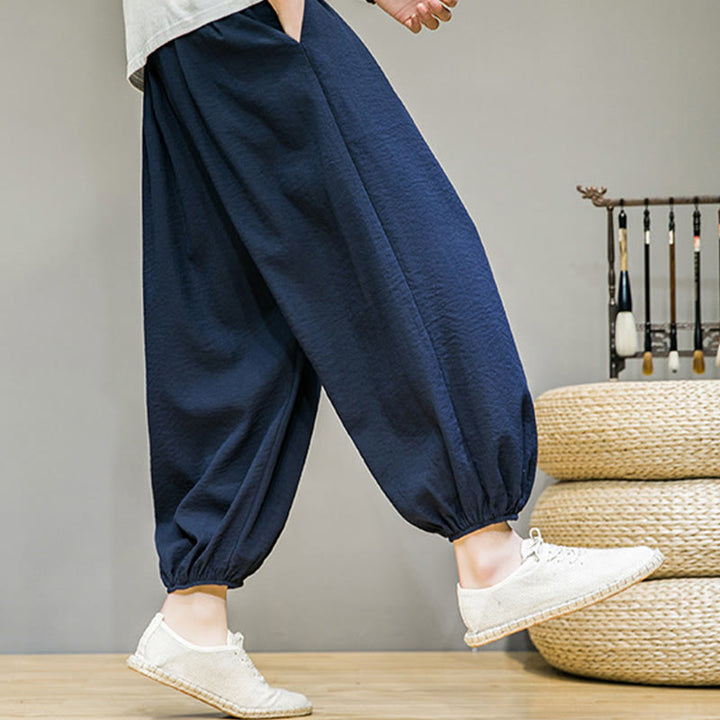 Buddha Stones Summer Plain Drawstring Men's Ankle-Length Cotton Harem Pants With Pockets - image 3