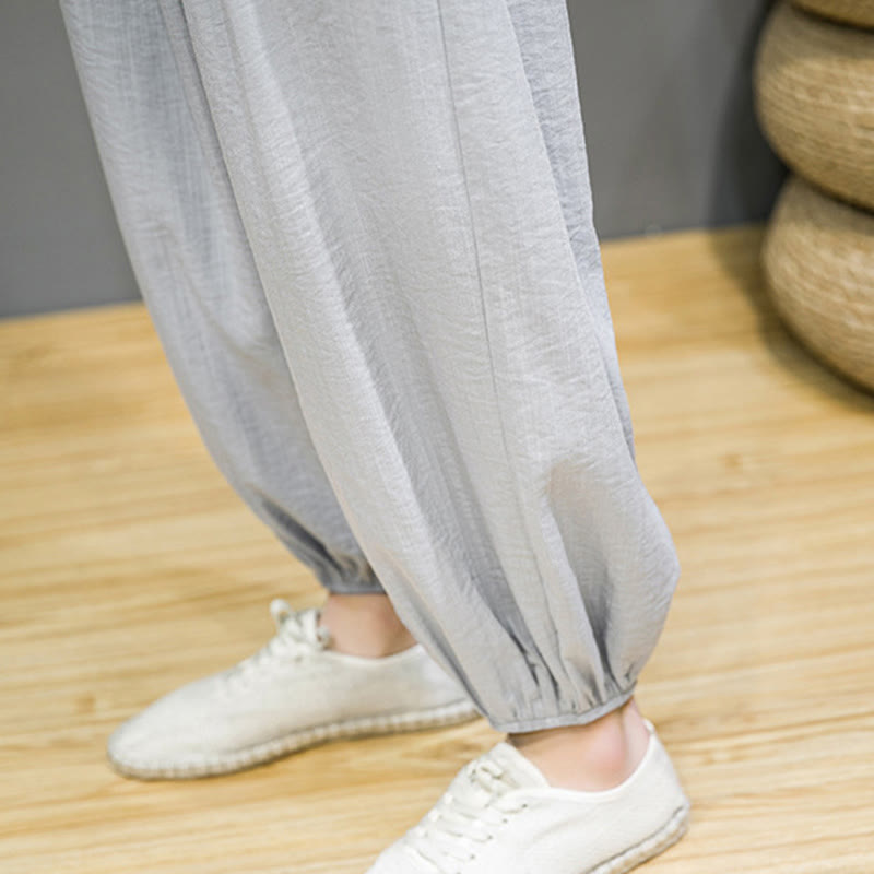 Buddha Stones Summer Plain Drawstring Men's Ankle-Length Cotton Harem Pants With Pockets