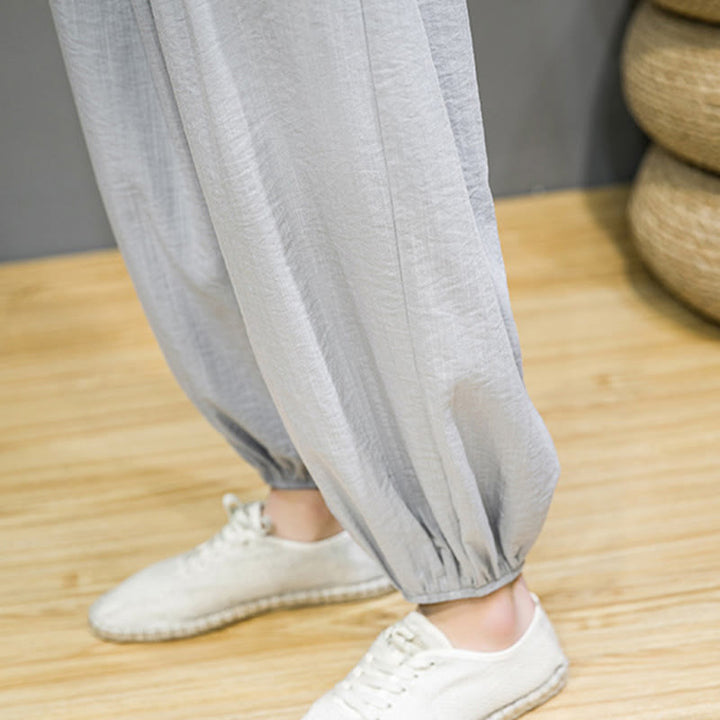 Buddha Stones Summer Plain Drawstring Men's Ankle-Length Cotton Harem Pants With Pockets