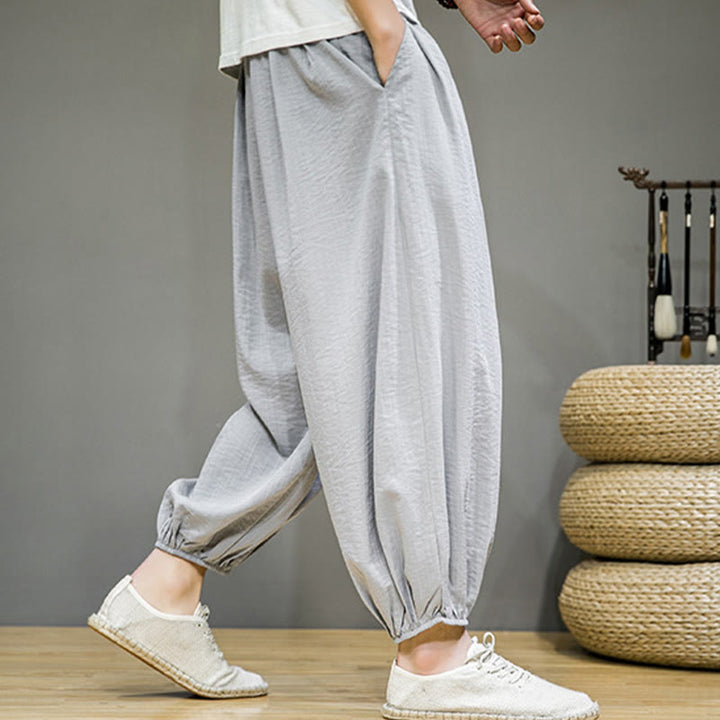 Buddha Stones Summer Plain Drawstring Men's Ankle-Length Cotton Harem Pants With Pockets