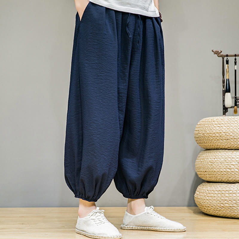 Buddha Stones Summer Plain Drawstring Men's Ankle-Length Cotton Harem Pants With Pockets - image 8