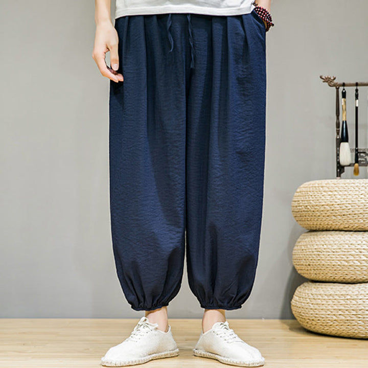 Buddha Stones Summer Plain Drawstring Men's Ankle-Length Cotton Harem Pants With Pockets - image 4