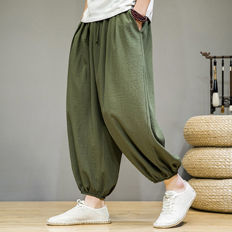Buddha Stones Summer Plain Drawstring Men's Ankle-Length Harem Pants With Pockets - image 35