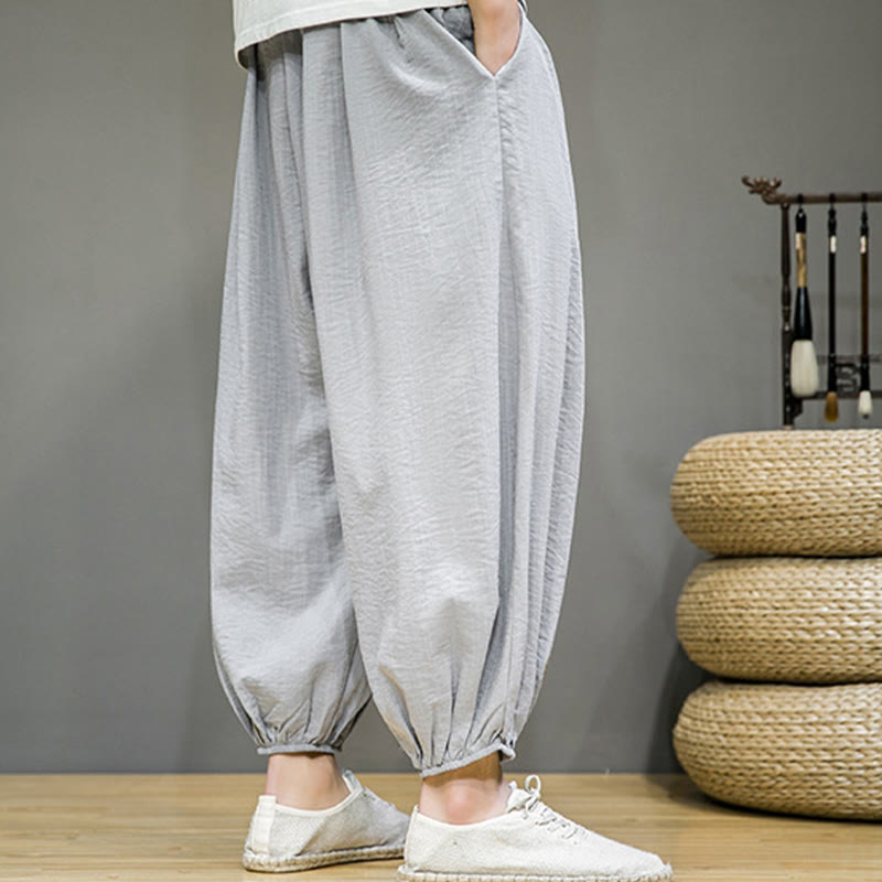 Buddha Stones Summer Plain Drawstring Men's Ankle-Length Cotton Harem Pants With Pockets