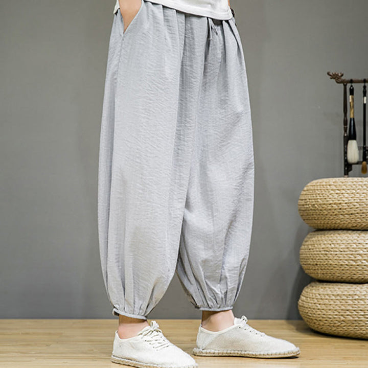 Buddha Stones Summer Plain Drawstring Men's Ankle-Length Cotton Harem Pants With Pockets - image 12