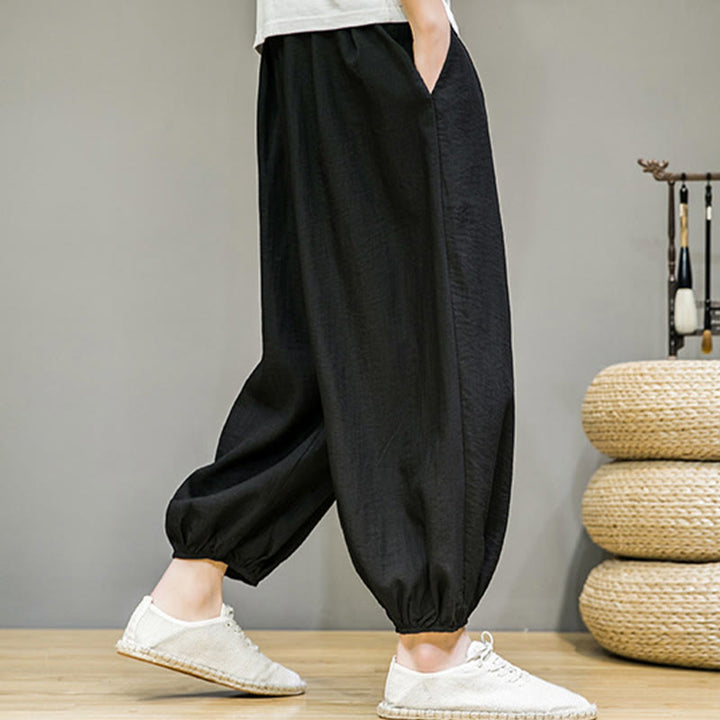 Buddha Stones Summer Plain Drawstring Men's Ankle-Length Cotton Harem Pants With Pockets - image 26