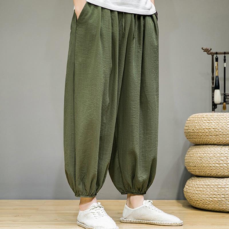 Buddha Stones Summer Plain Drawstring Men's Ankle-Length Cotton Harem Pants With Pockets - image 34