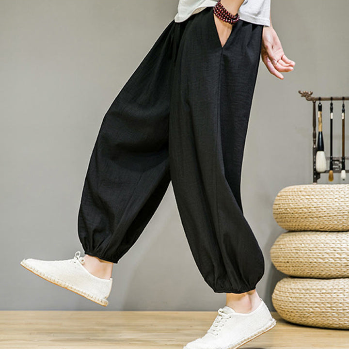 Buddha Stones Summer Plain Drawstring Men's Ankle-Length Cotton Harem Pants With Pockets
