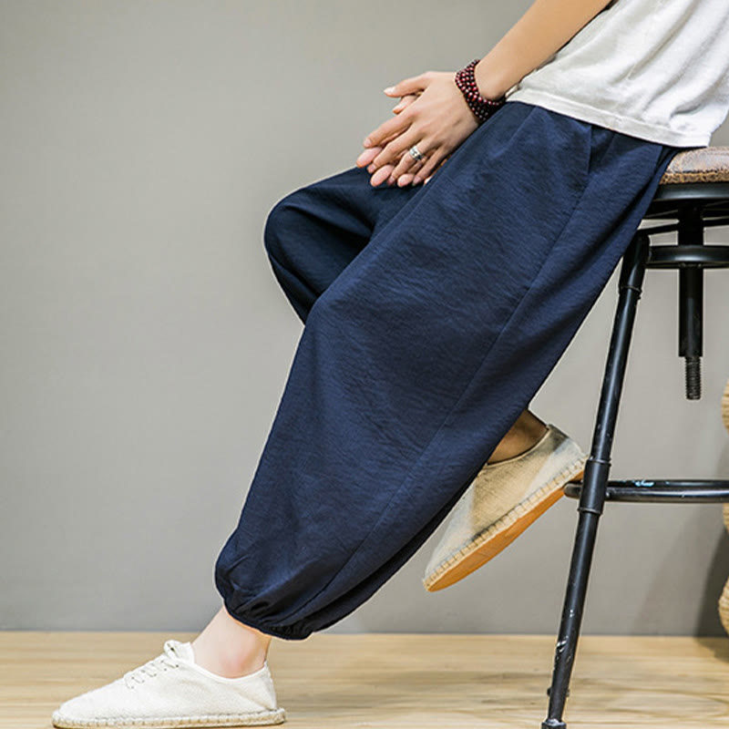Buddha Stones Summer Plain Drawstring Men's Ankle-Length Cotton Harem Pants With Pockets