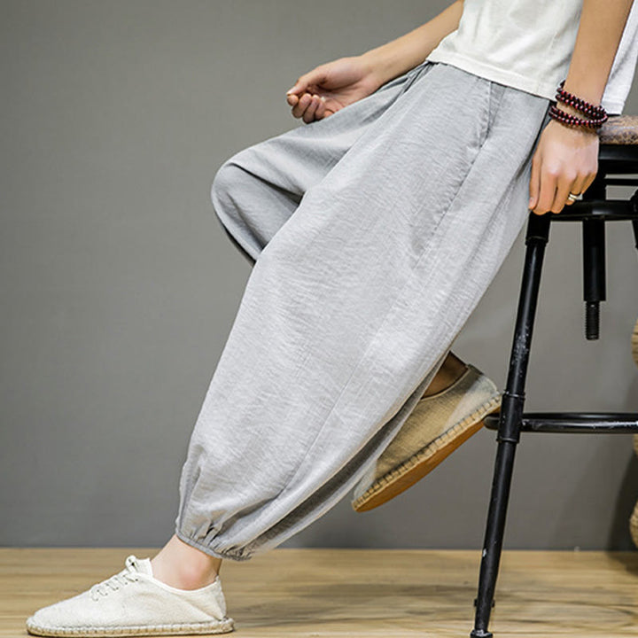 Buddha Stones Summer Plain Drawstring Men's Ankle-Length Cotton Harem Pants With Pockets