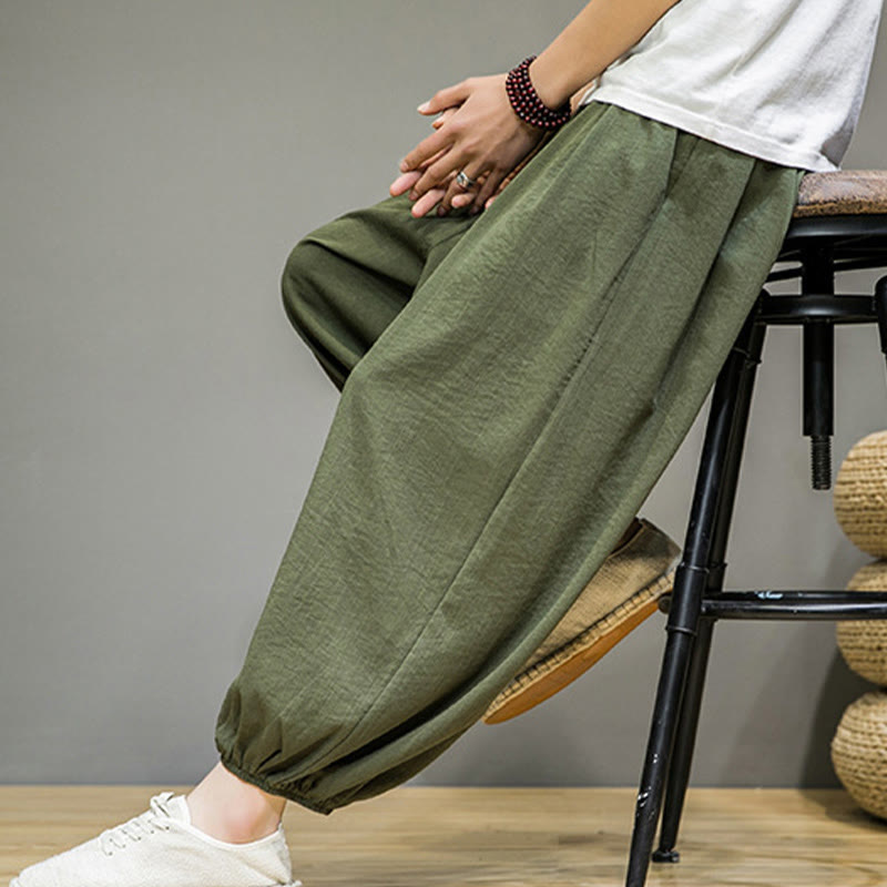 Buddha Stones Summer Plain Drawstring Men's Ankle-Length Cotton Harem Pants With Pockets