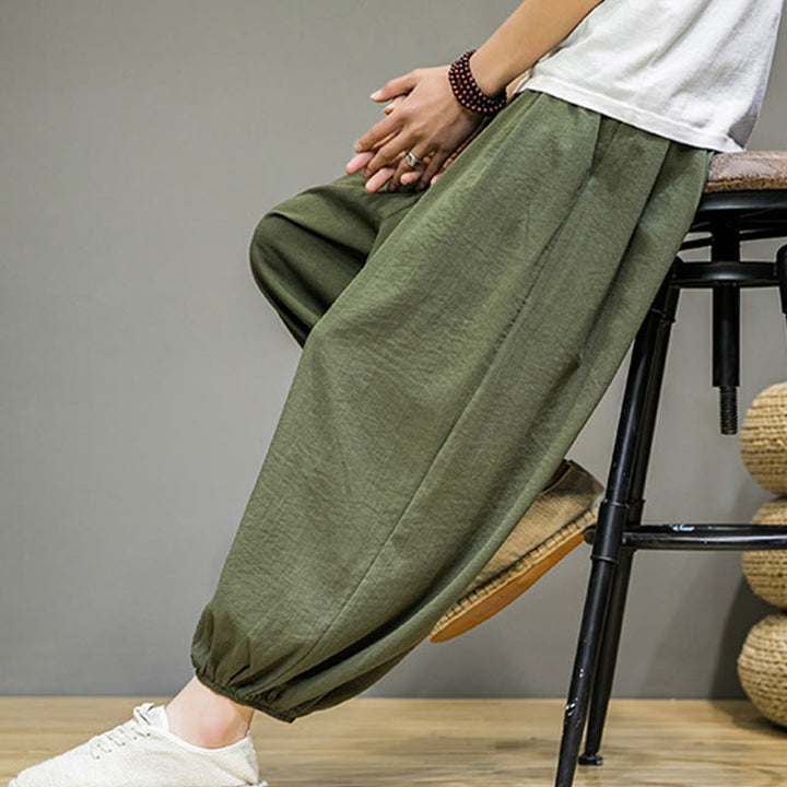 Buddha Stones Summer Plain Drawstring Men's Ankle-Length Cotton Harem Pants With Pockets