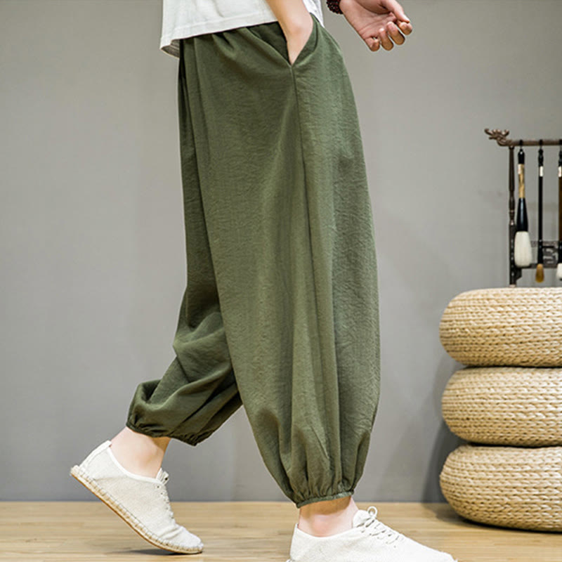 Buddha Stones Summer Plain Drawstring Men's Ankle-Length Cotton Harem Pants With Pockets