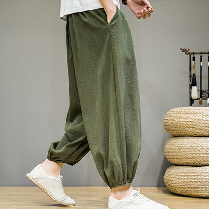 Buddha Stones Summer Plain Drawstring Men's Ankle-Length Cotton Harem Pants With Pockets
