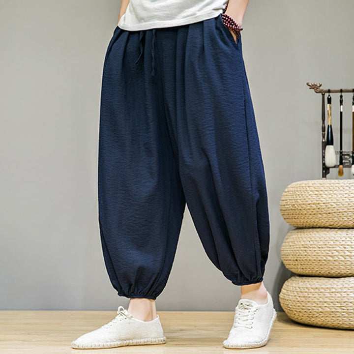 Buddha Stones Summer Plain Drawstring Men's Ankle-Length Cotton Harem Pants With Pockets - Navy - US/UK/AU46，EU56 (5XL) - image 0