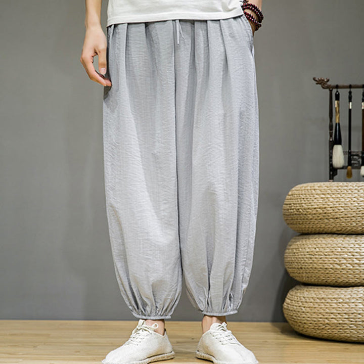 Buddha Stones Summer Plain Drawstring Men's Ankle-Length Cotton Harem Pants With Pockets - image 11