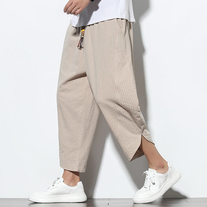 Buddha Stones Summer Stripes Pattern Drawstring Cotton Linen Men's 7-8 Length Harem Pants With Pockets