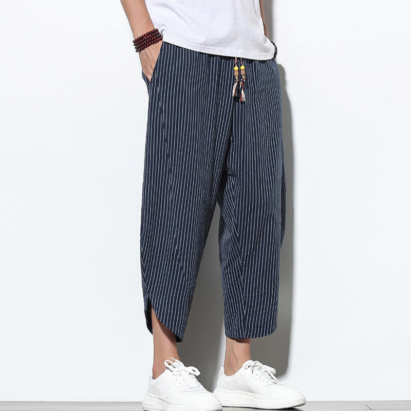 Buddha Stones Summer Stripes Pattern Drawstring Cotton Linen Men's 7-8 Length Harem Pants With Pockets - image 34