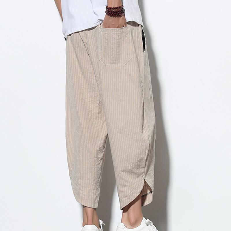 Buddha Stones Summer Stripes Pattern Drawstring Cotton Linen Men's 7-8 Length Harem Pants With Pockets