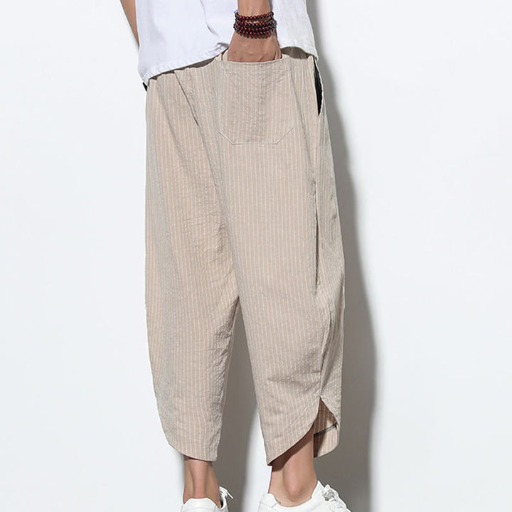 Buddha Stones Summer Stripes Pattern Drawstring Cotton Linen Men's 7-8 Length Harem Pants With Pockets