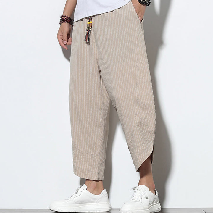 Buddha Stones Summer Stripes Pattern Drawstring Cotton Linen Men's 7-8 Length Harem Pants With Pockets