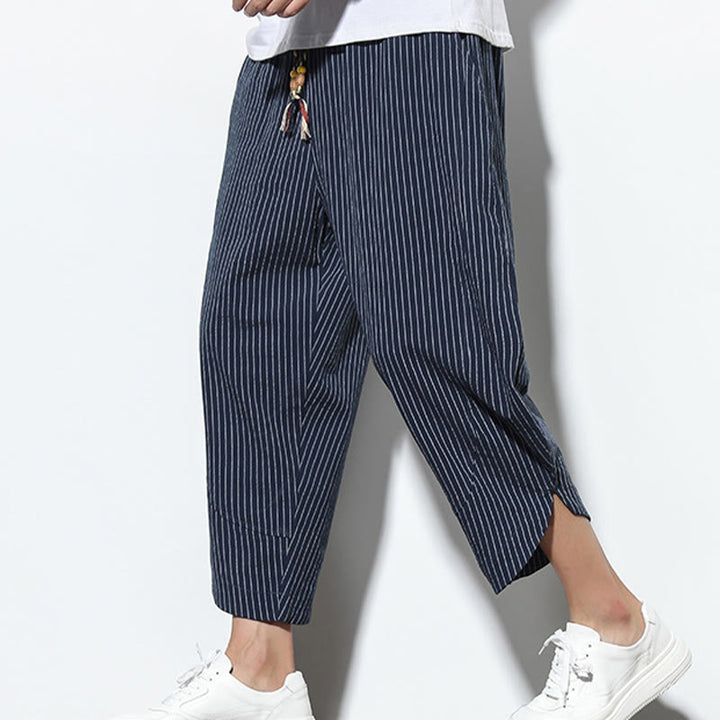 Buddha Stones Summer Stripes Pattern Drawstring Cotton Linen Men's 7-8 Length Harem Pants With Pockets - image 33