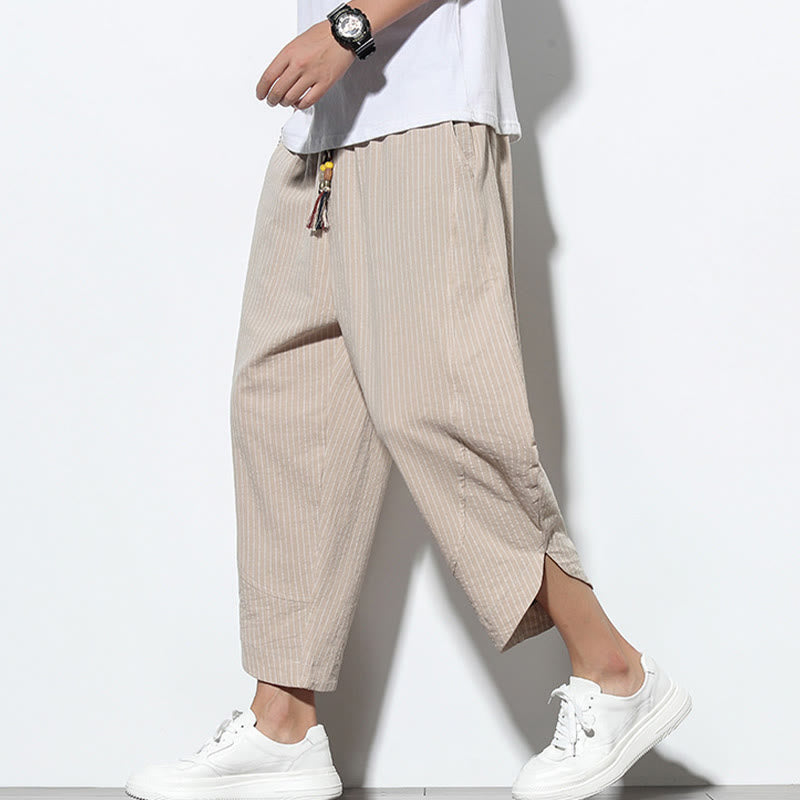 Buddha Stones Summer Stripes Pattern Drawstring Cotton Linen Men's 7-8 Length Harem Pants With Pockets