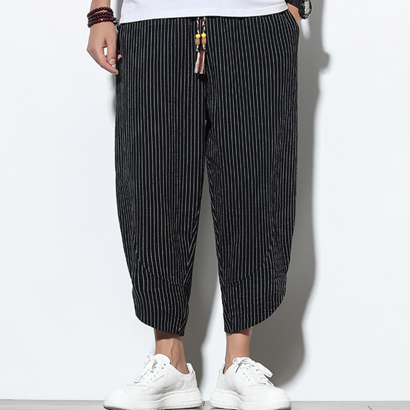 Buddha Stones Summer Stripes Pattern Drawstring Cotton Linen Men's 7-8 Length Harem Pants With Pockets - image 17
