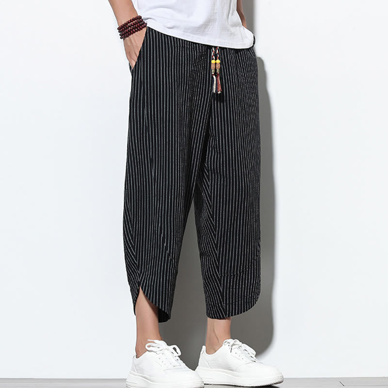 Buddha Stones Summer Stripes Pattern Drawstring Cotton Linen Men's 7-8 Length Harem Pants With Pockets - image 10