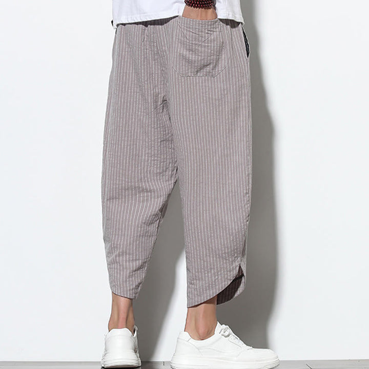Buddha Stones Summer Stripes Pattern Drawstring Cotton Linen Men's 7-8 Length Harem Pants With Pockets - image 25