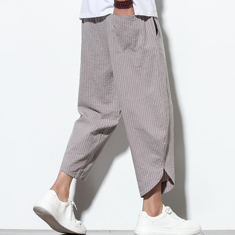 Buddha Stones Summer Stripes Pattern Drawstring Cotton Linen Men's 7-8 Length Harem Pants With Pockets