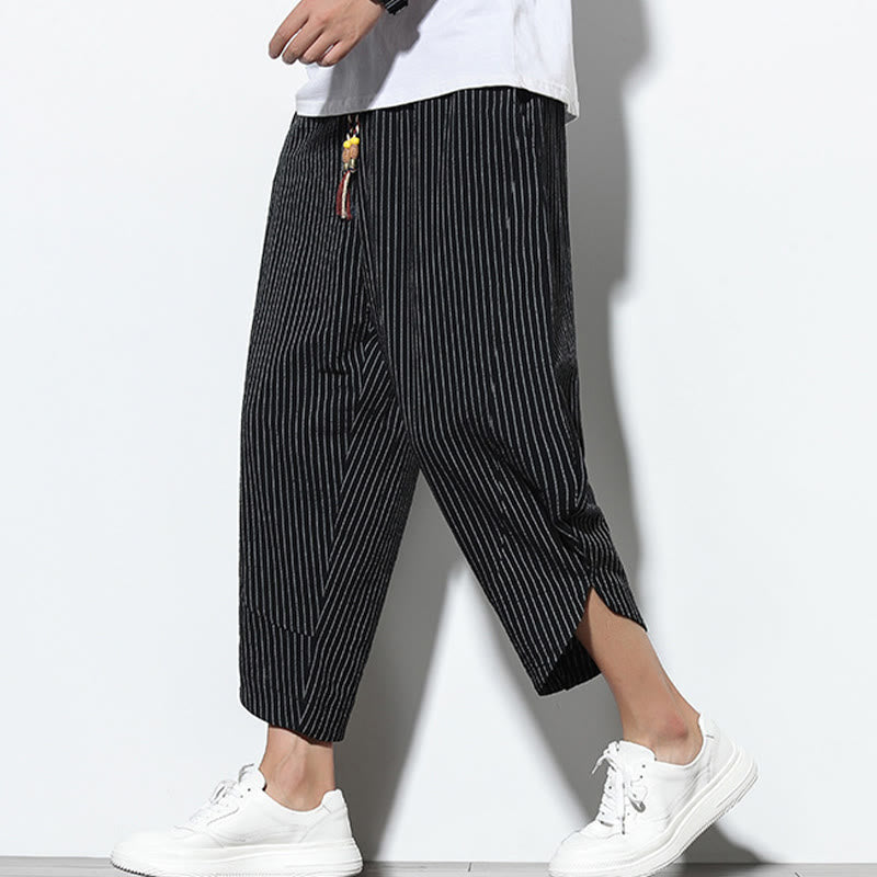 Buddha Stones Summer Stripes Pattern Drawstring Cotton Linen Men's 7-8 Length Harem Pants With Pockets - image 12
