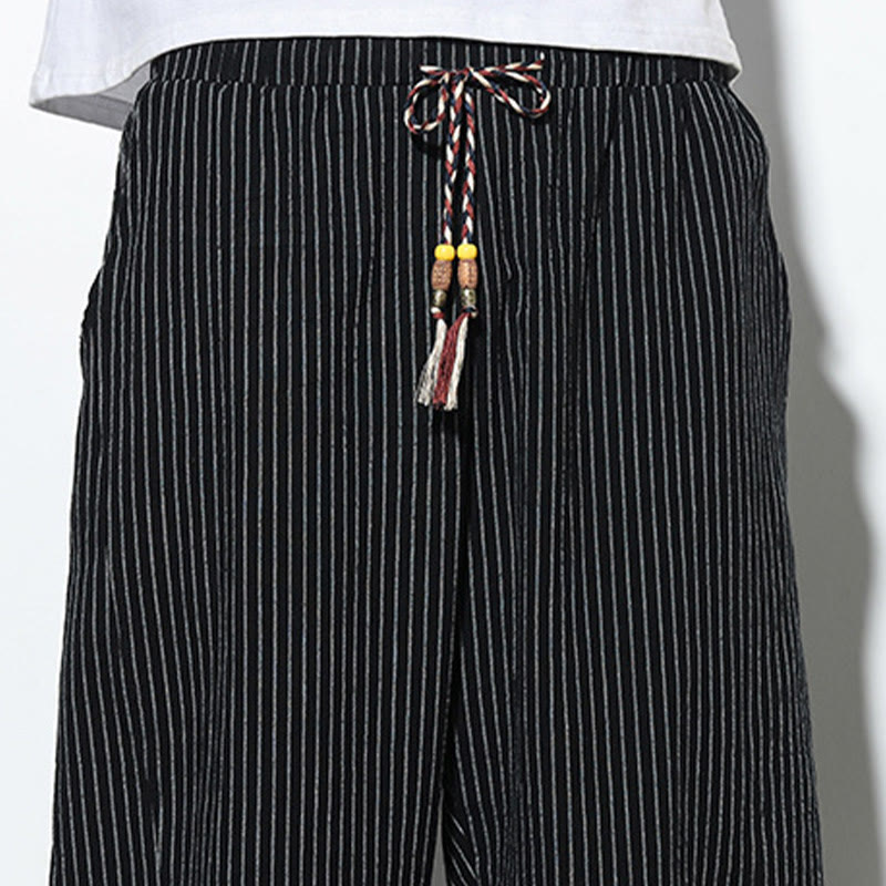 Buddha Stones Summer Stripes Pattern Drawstring Cotton Linen Men's 7-8 Length Harem Pants With Pockets - image 18